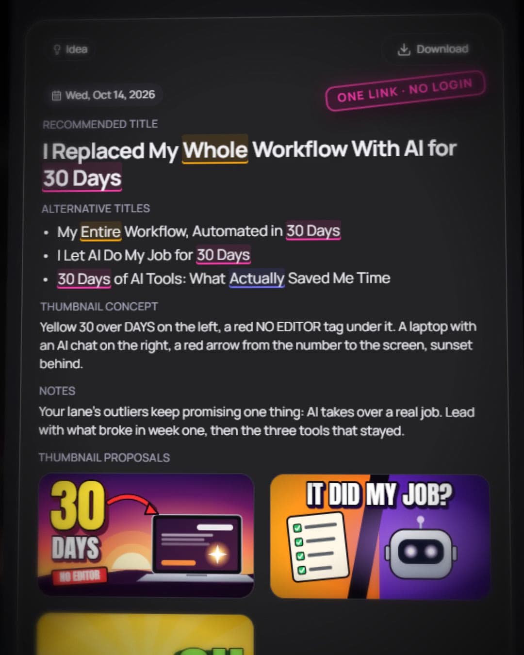 An idea’s public page, one link and no login: the title “I Replaced My Whole Workflow With AI for 30 Days”, its alternatives, thumbnail concept and thumbnails