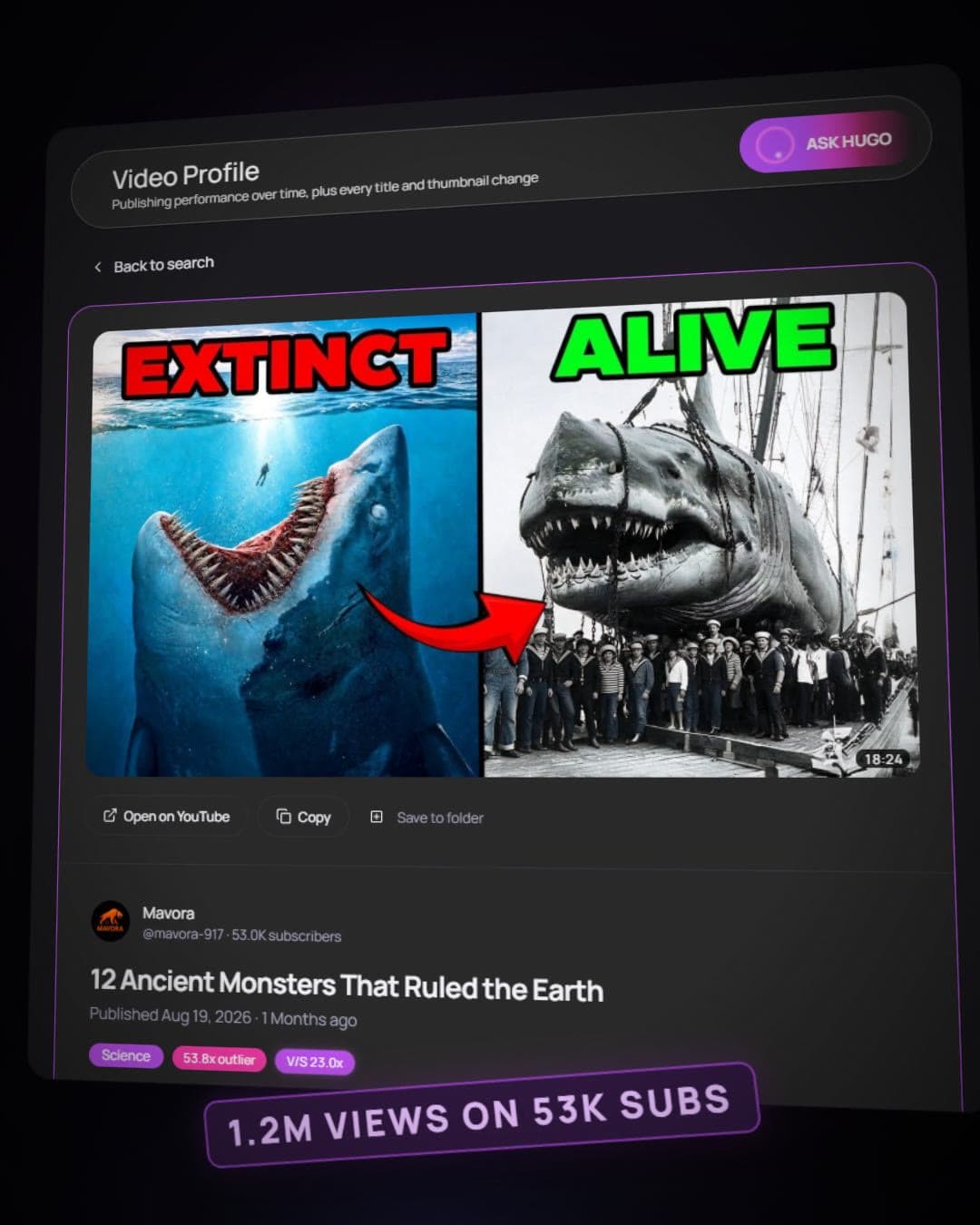 A video’s profile in the Video Database: “12 Ancient Monsters That Ruled the Earth”, 1.2M views on a 53K-subscriber channel